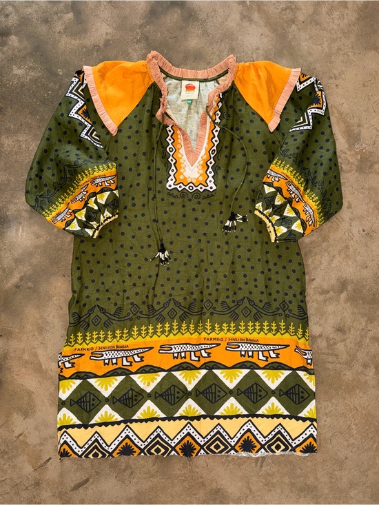 FARM Rio Dresses & Skirts - FARM Rio Denilson Baniwa Linen Shift Dress XXS Oversized Raffia Tassel Fringe